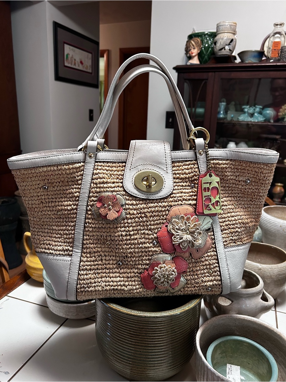 Coach Straw Tote Bag in Natural/White Leather and Flower Appliqué 19347 Hamptons - Picture 1 of 14